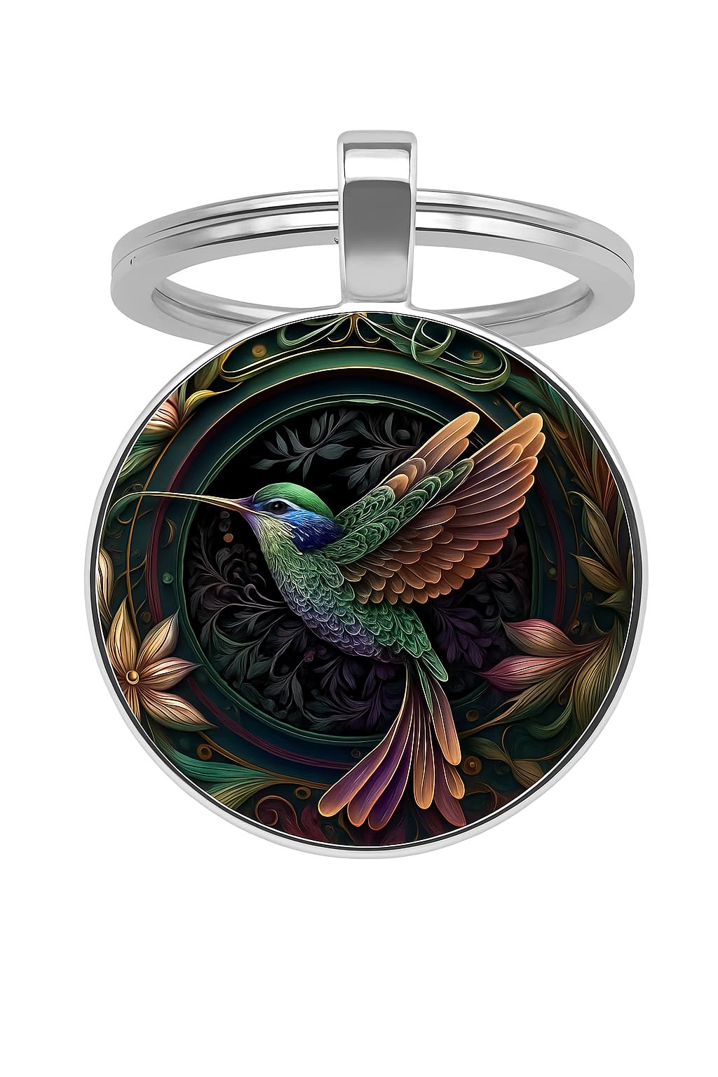 SUPAC Artistic Hummingbird Keychain, 2D Flat Stainless Steel, Silver Frame with Floral Background, 1.1 x 0.98 Inch Pendant