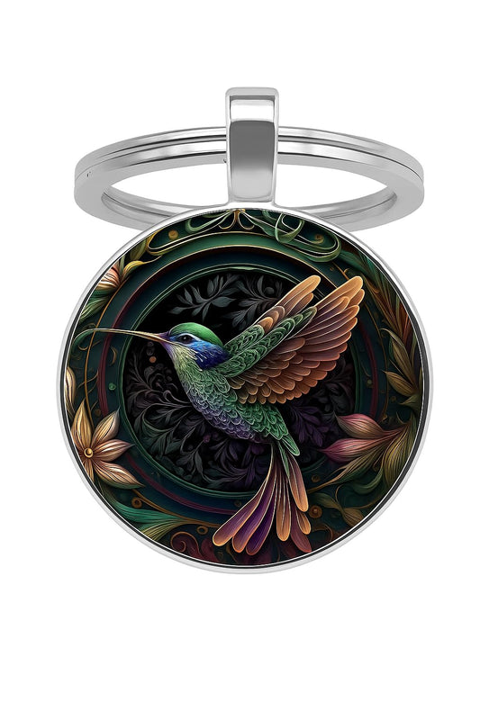 SUPAC Artistic Hummingbird Keychain, 2D Flat Stainless Steel, Silver Frame with Floral Background, 1.1 x 0.98 Inch Pendant