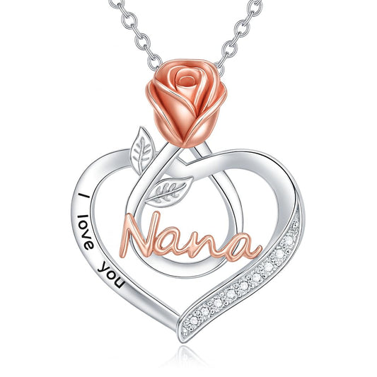 SUPAC Rose Gold and Silver Heart Nana Pendant Necklace with Crystals