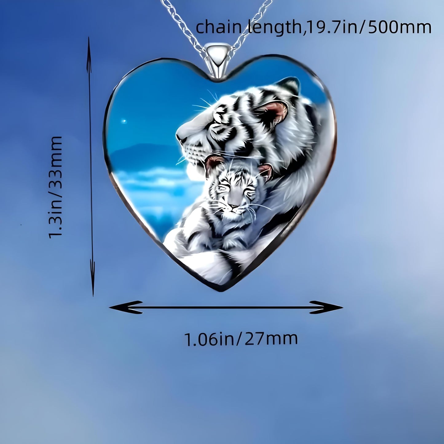 SUPAC Heart-Shaped Tiger Mom and Cub Pendant Necklace, Cute White and Black Tigers with Stainless Steel Chain, Birthday, Holiday or Christmas Gift
