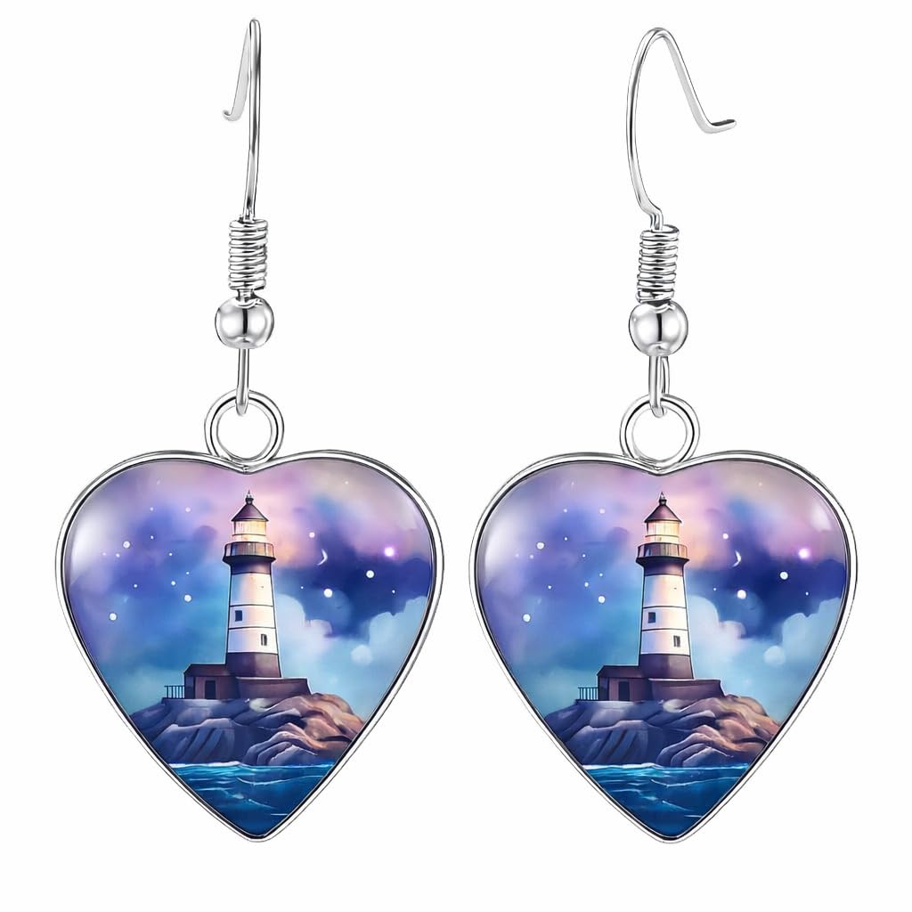 Teardrop Lighthouse Dangle Earrings, Nautical Design, 1.77 inch Length, Silver