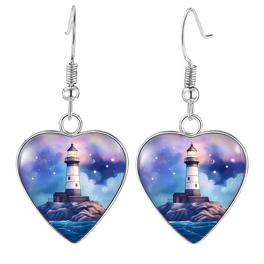 Teardrop Lighthouse Dangle Earrings, Nautical Design, 1.77 inch Length, Silver