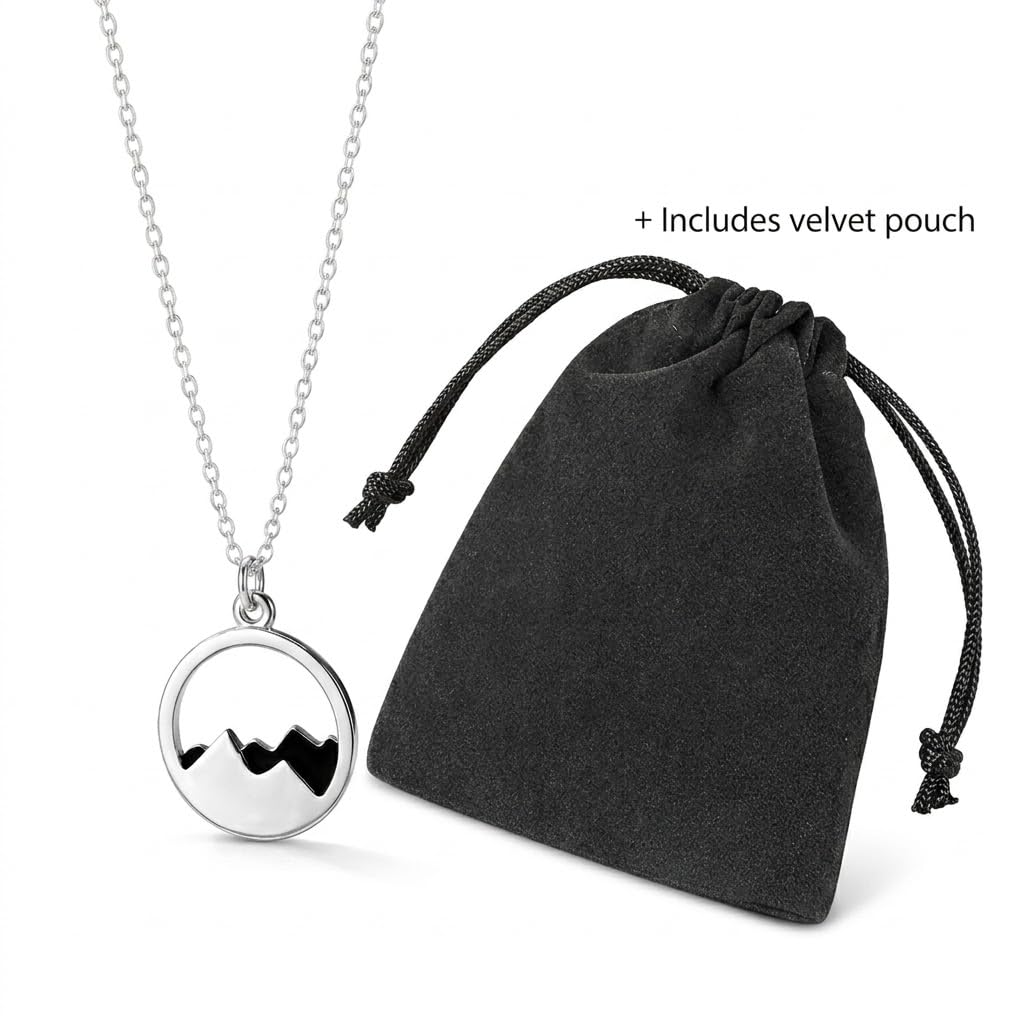 SUPAC Mountain Scene Pendant Stainless Steel Necklace, Silver Plated Chain, Nature Landscape Design, Circle Pendant (Black Mountain)