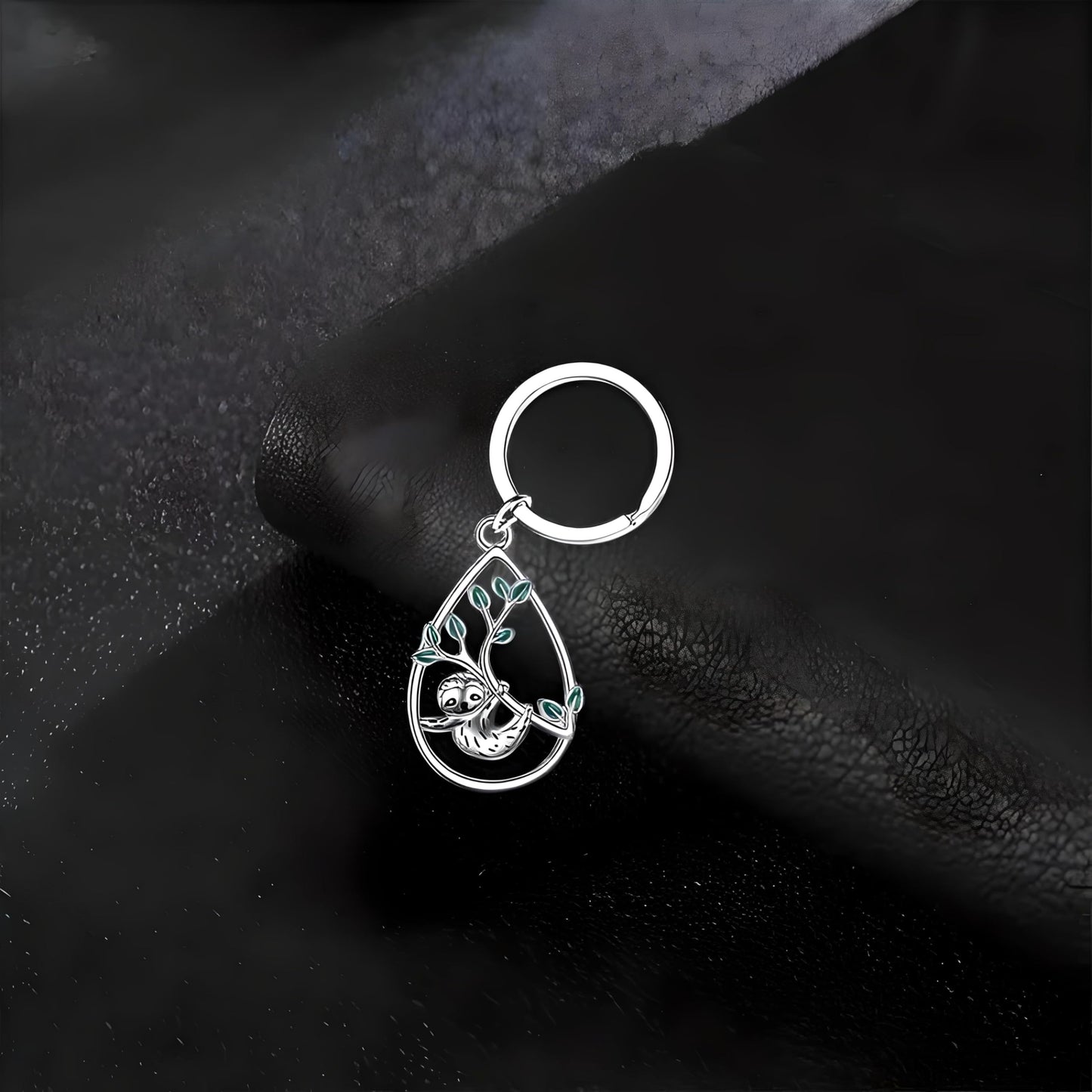 Sloth Jewelry Set, Sterling Silver Teardrop Pendant Necklace, Earrings, Bracelet and Keychain with Green Leaf Design