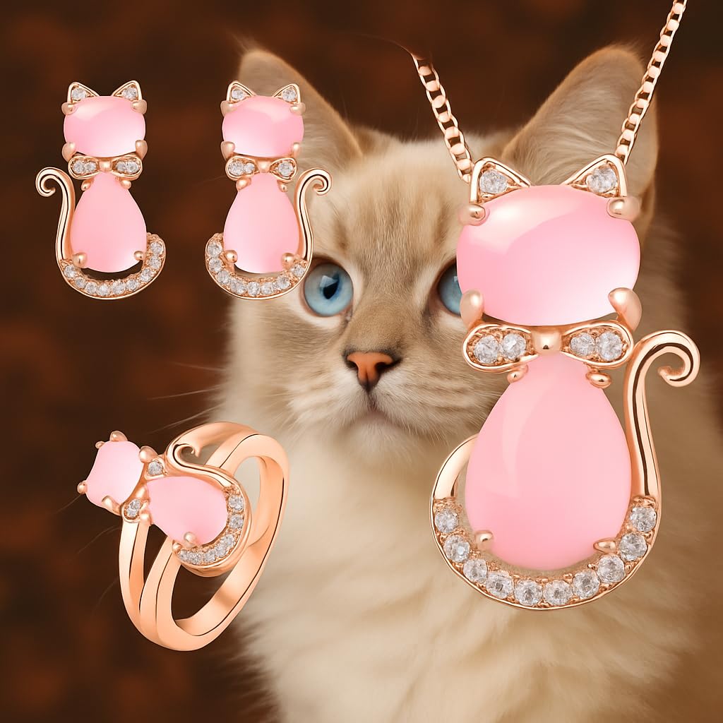 SUPAC Pink Cat Jewelry Set, Rose Gold Plated Crystal Necklace Earrings Ring, Gift for Cat Enthusiasts