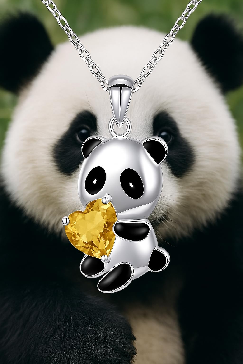 Cute Panda Heart Crystal Pendant Necklace, 17.7 inch Chain, Silver - 6+ Color Options