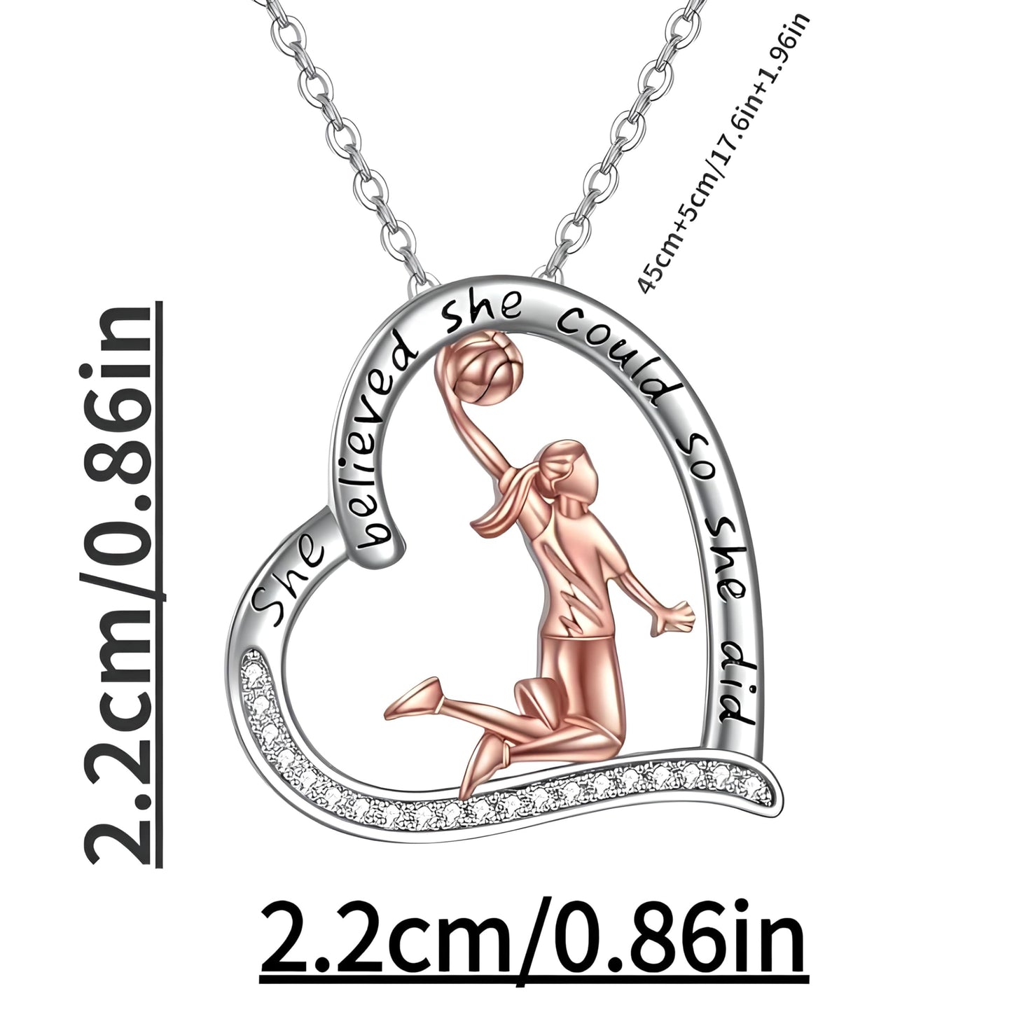 Sports Heart Necklace, 9 Different Sport Options: Basketball, Jumping Cheerleader, Gymnast, Softball, Volleyball, Ballet Ballerina, Runner, Sports Accessories Birthday Gift- Simulated Rainbow Diamonds, Christmas, Birthday or Party Gift