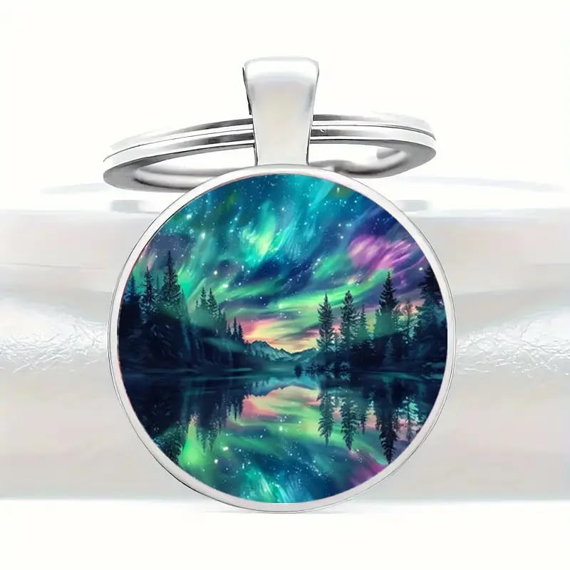 Mountain Sunset Stained Glass Art Keychain, Nature Scene Design, Round Pendant (Aurora Borealis)