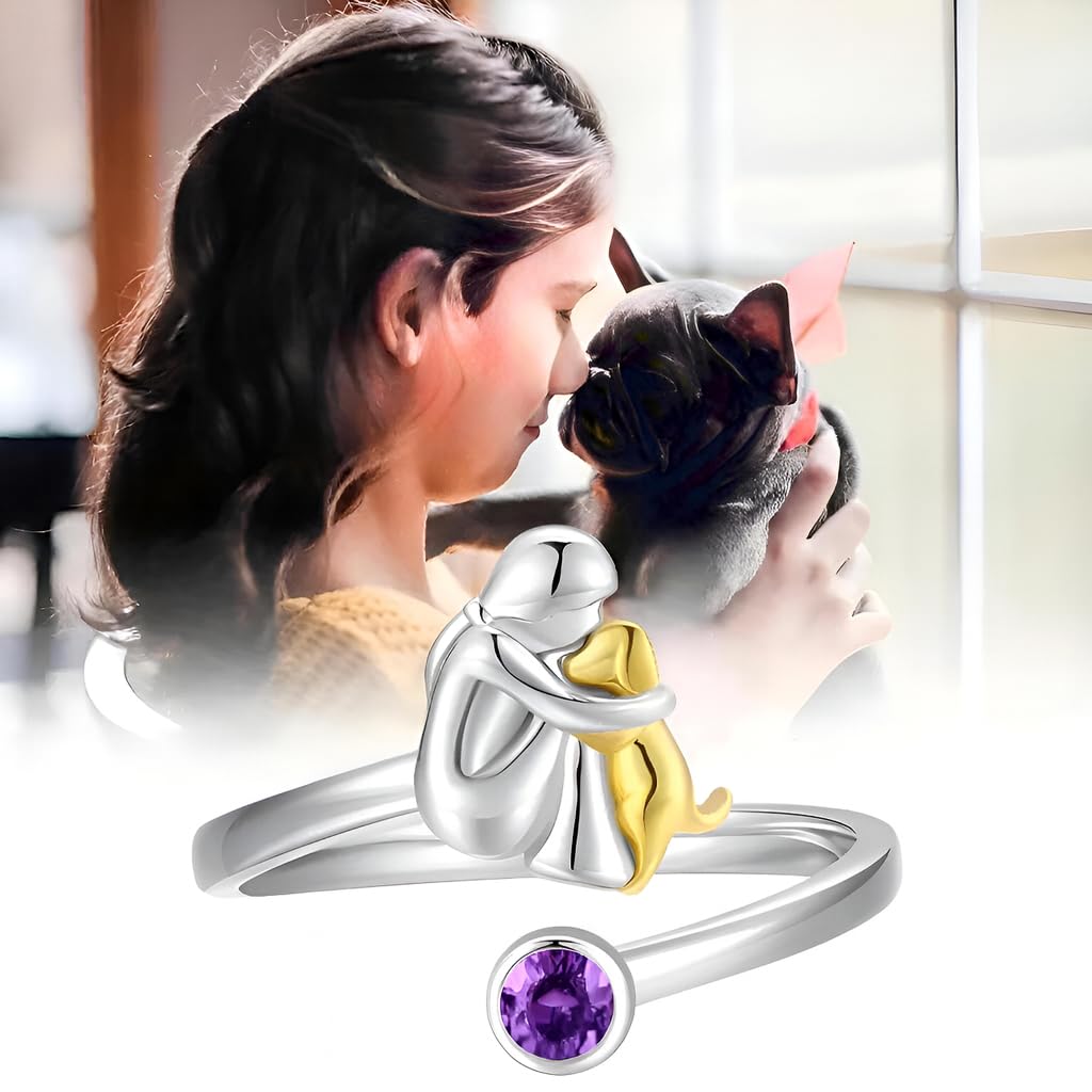 SUPAC Stainless Steel Dog and Human Adjustable Ring with Birthstone Crystal, Two-Tone Gold and Silver, 0.83 Inch (Purple)