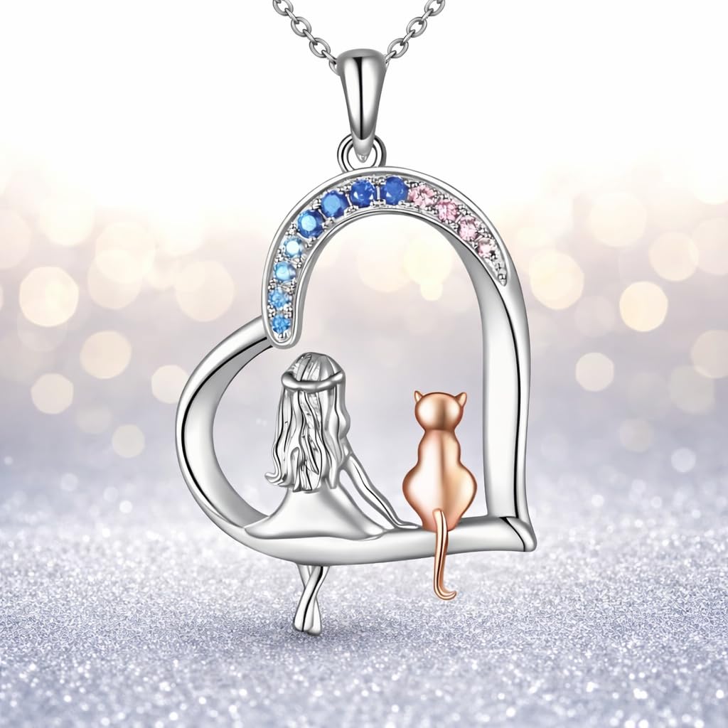 SUPAC Cute Cat Heart Necklace, With Black Kitten Sitting Together - Charming Heart Necklace in Rose Gold - Stylish Versatile Gift for Women & Party Accessory!