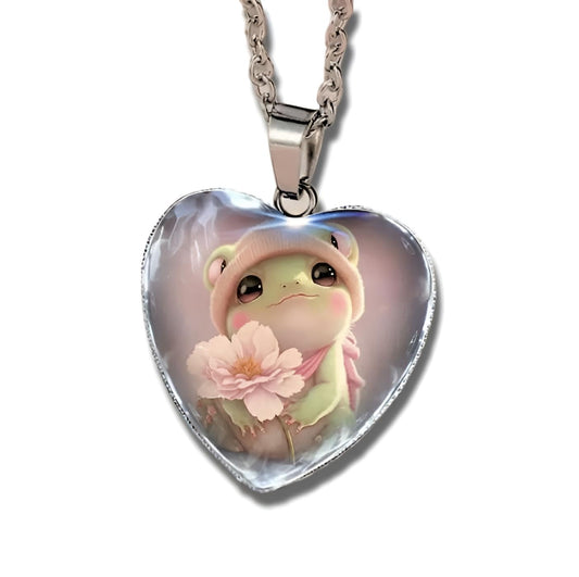 Cute Heart-Shaped Frog - Glass Pendant Necklace with Flower, Silver Chain - Holiday, Birthday, or Christmas Gift
