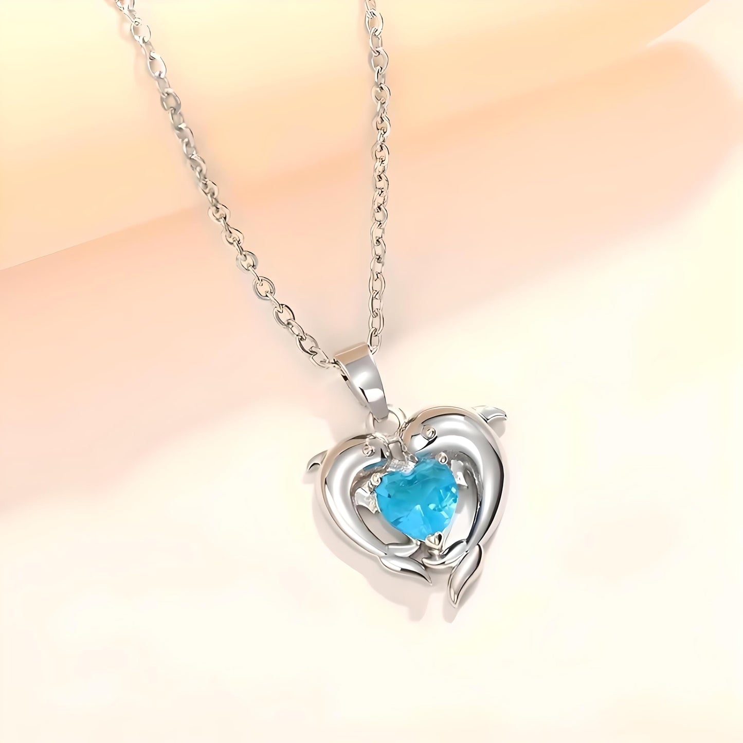 Sterling Silver Double Dolphin Pendant Necklace with Blue Crystal Hearts, Ocean Theme Jewelry