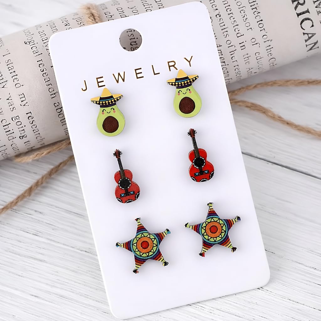 Cute Taco Stud Earrings Set, 3 Pairs of Mexican Cinco de Mayo Food Jewelry, Different Facial Expressions - 0.59 inch