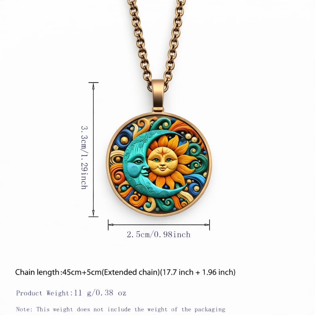 1pc Stunning Round Pendant Necklace - Unique Sun & Moon Pattern, Oil Painting Style Glass Mosaic, Alloy Construction, Trendy Sweater Chain, Fashionable Gift for Women - Christmas or Birthday Gift