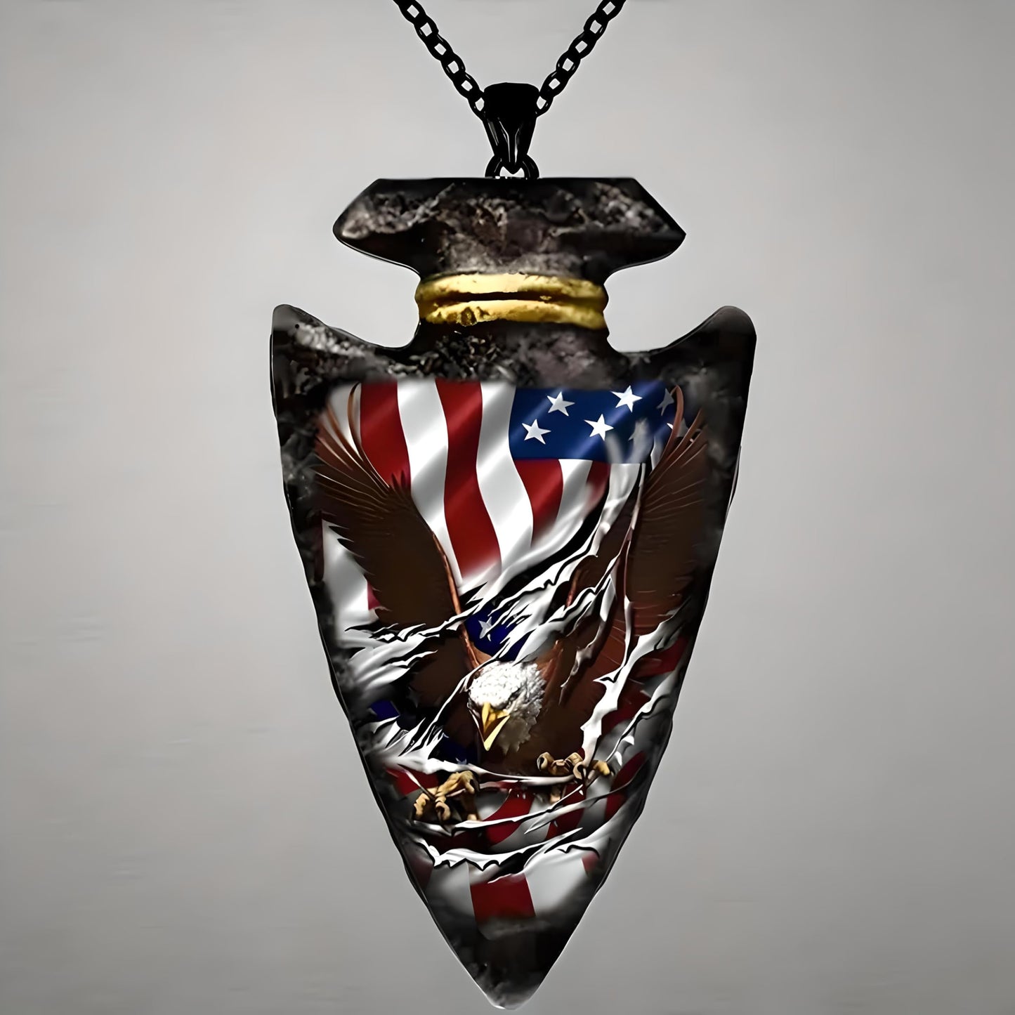 Battle Bald Eagle Stars and Stripes Pattern Necklace, Spear Shaped Triangle Pendant Arrowhead, Halloween, Christmas or Birthday Gift