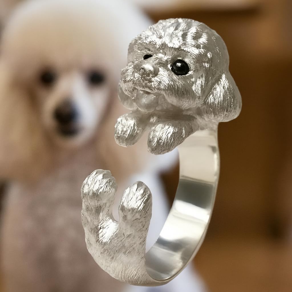 SUPAC Adjustable Silver Dog Ring, Westie Terrier and Bulldog Design, Fashion Jewelry (Poodle)