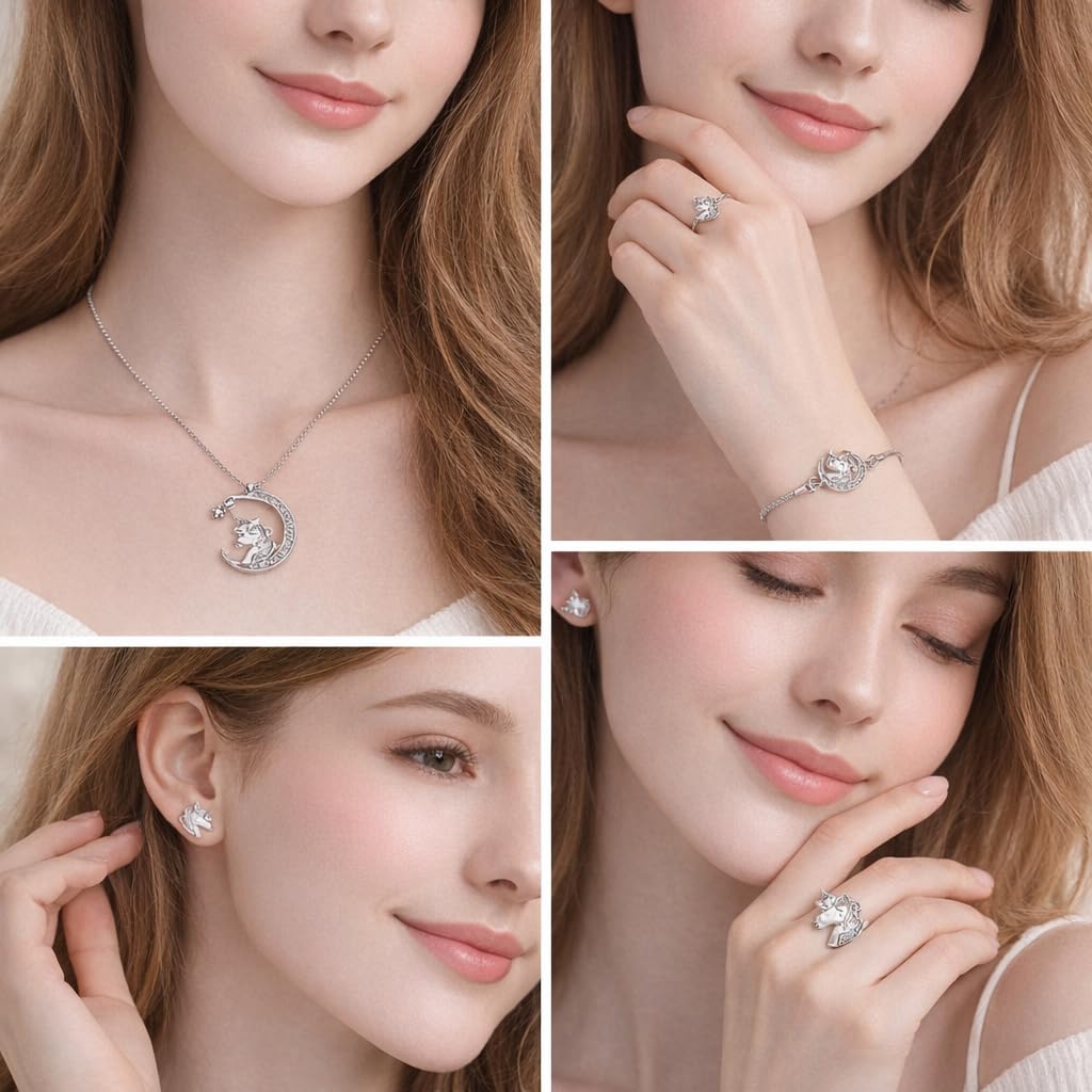 SUPAC Unicorn Crystal Jewelry Set, Moon Necklace, Earrings, Ring and Bracelet, Silver - Unicorn Jewerly Gift