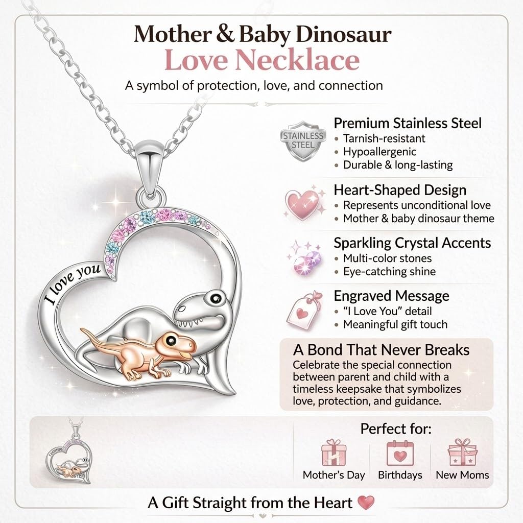 SUPAC Cute Cartoon Dinosaur Heart Pendant Necklace with Rhinestone Accents I Love You, Fashion Jewelry for Daily and Party Wear, Birthday and Christmas Gift