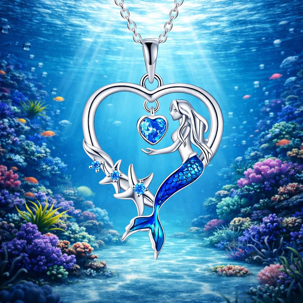 SUPAC Heart of the Sea Mermaid Pendant Necklace, Starfish and Blue Fin - with Multiple Colors