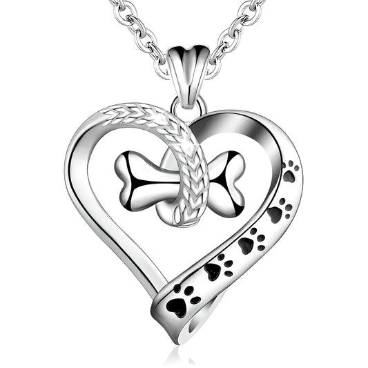 Dog Lover Heart Pendant Necklace with Bone Charm and Paw Prints, Stainless Steel Chain 17.7", Pet Memorial Jewelry