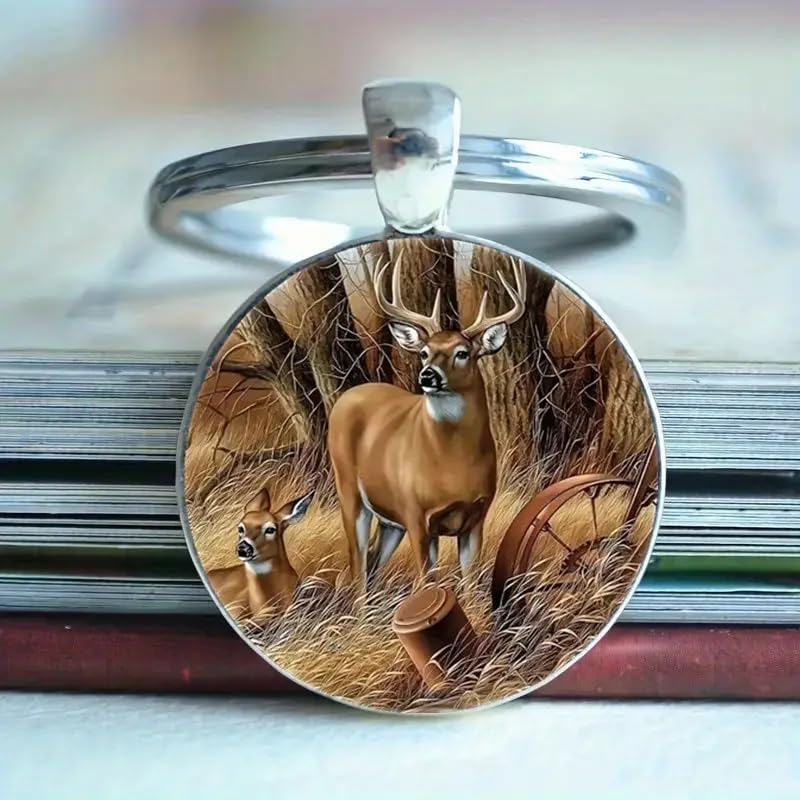 Mountain Sunset Stained Glass Art Keychain, Nature Scene Design, Round Pendant (White-tailed Deer)