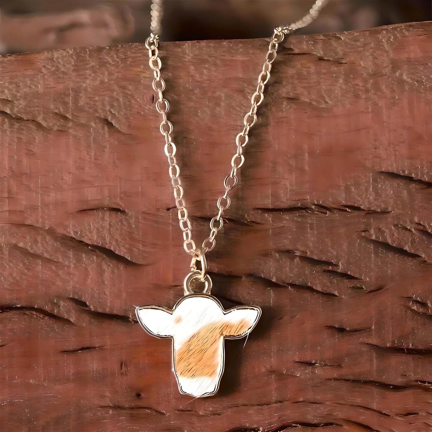 SUPAC Cow Print Pendant Necklace, Gold Chain, Black and White Enamel, Western Style - Cowhide Hair