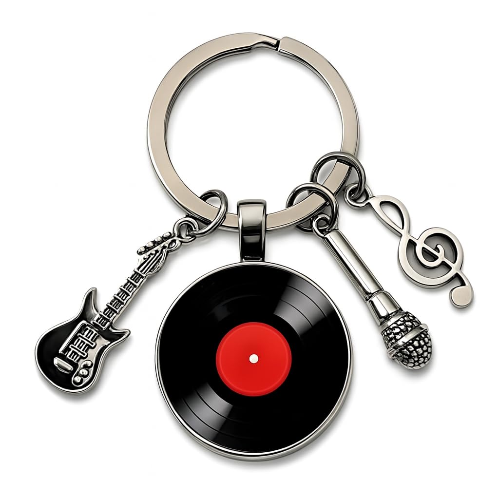 SUPAC Music Lover Keychain with Vinyl Record, Guitar, Microphone and Musical Note Charms, Silver, Music Gifts