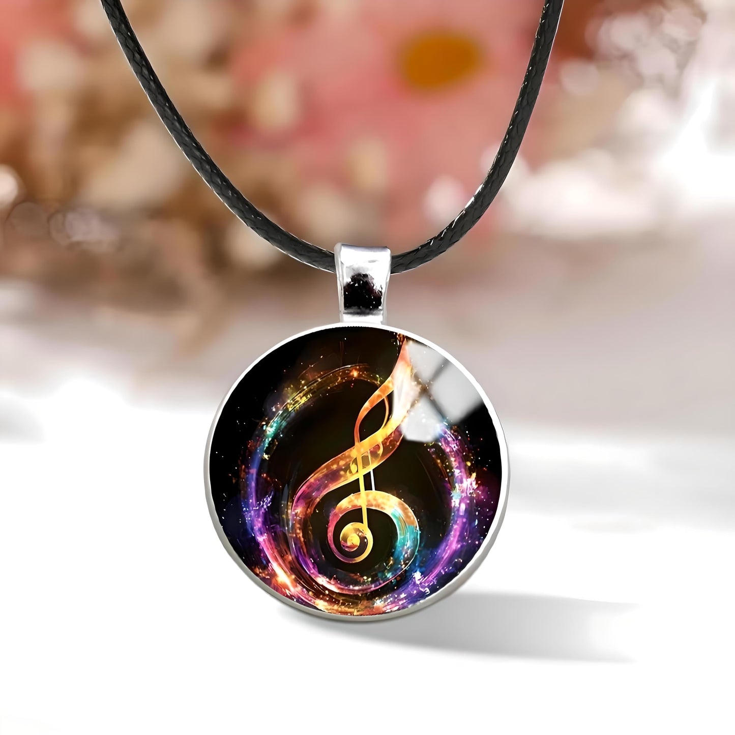SUPAC Musical Note Pendant Necklace, Black Leather Cord, Eighth Note, Treble Clef, 17.7 Inch Chain with 2 Inch Extension
