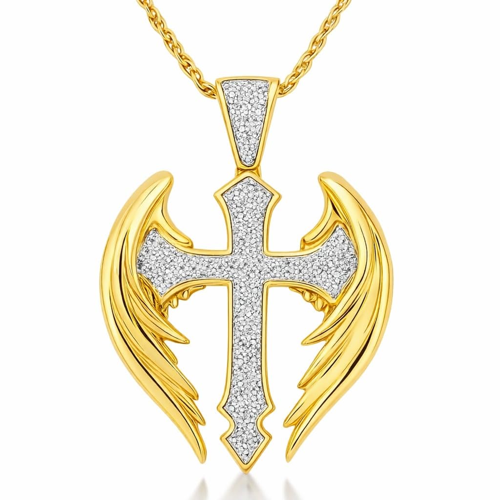 SUPAC Exquisite Golden Angel Cross Pendant Necklace for Men - Elegant Religious Jewelry for Christmas, Birthday Gifts - Unique Faith Symbol with Durable Chain