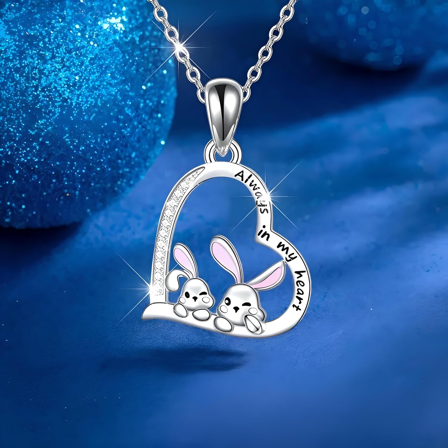 SUPAC Pair of Bunnies & Heart Pendant Necklace Always in My Heart - White Golden Plated Alloy with Resin Accents, Birthday or Friendship Gift, 2+ Options