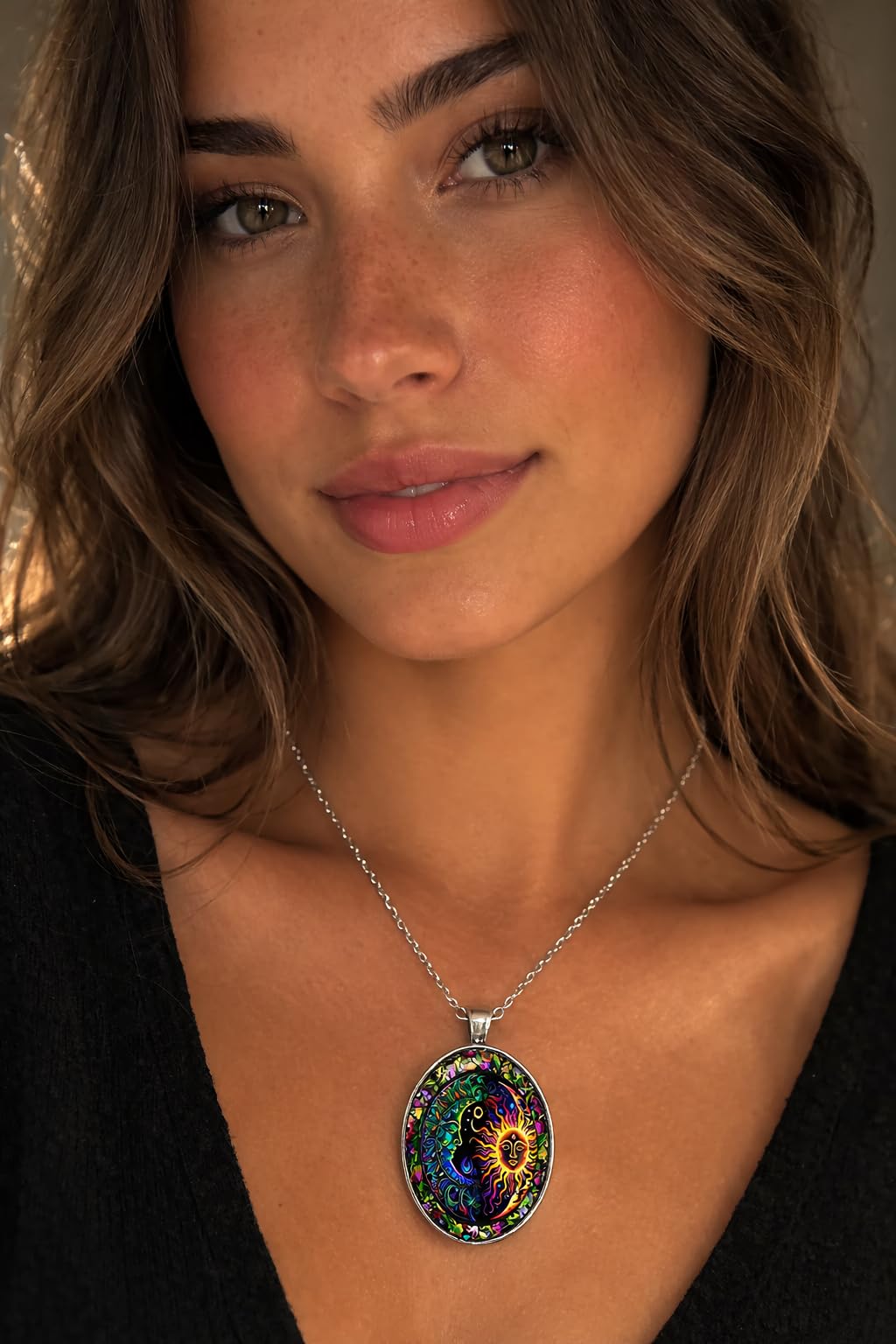 Celestial Sun and Moon Pendant Necklace, 17.7 inch Chain, Colorful Mystical Design