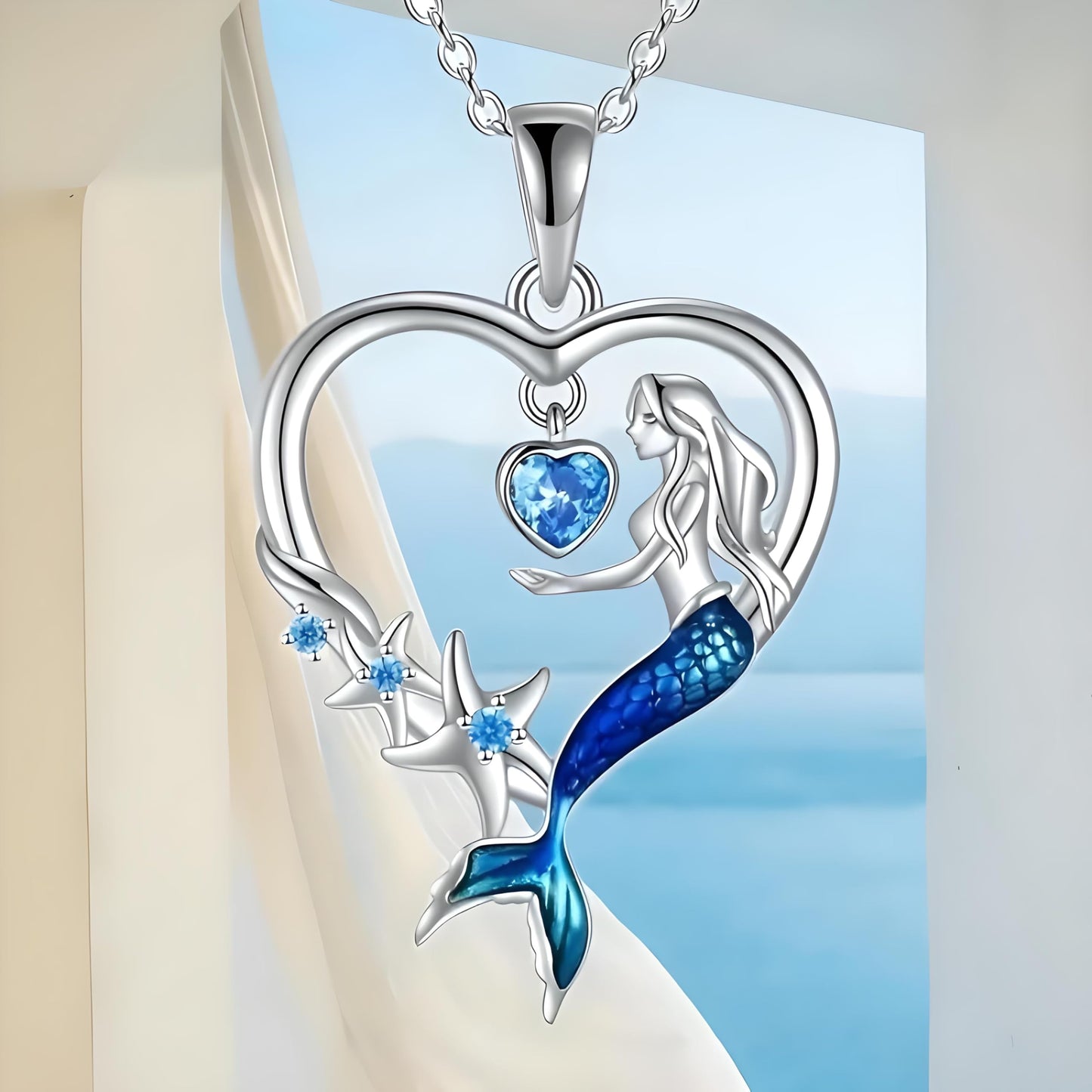 SUPAC Heart of the Sea Mermaid Pendant Necklace, Starfish and Blue Fin - with Multiple Colors