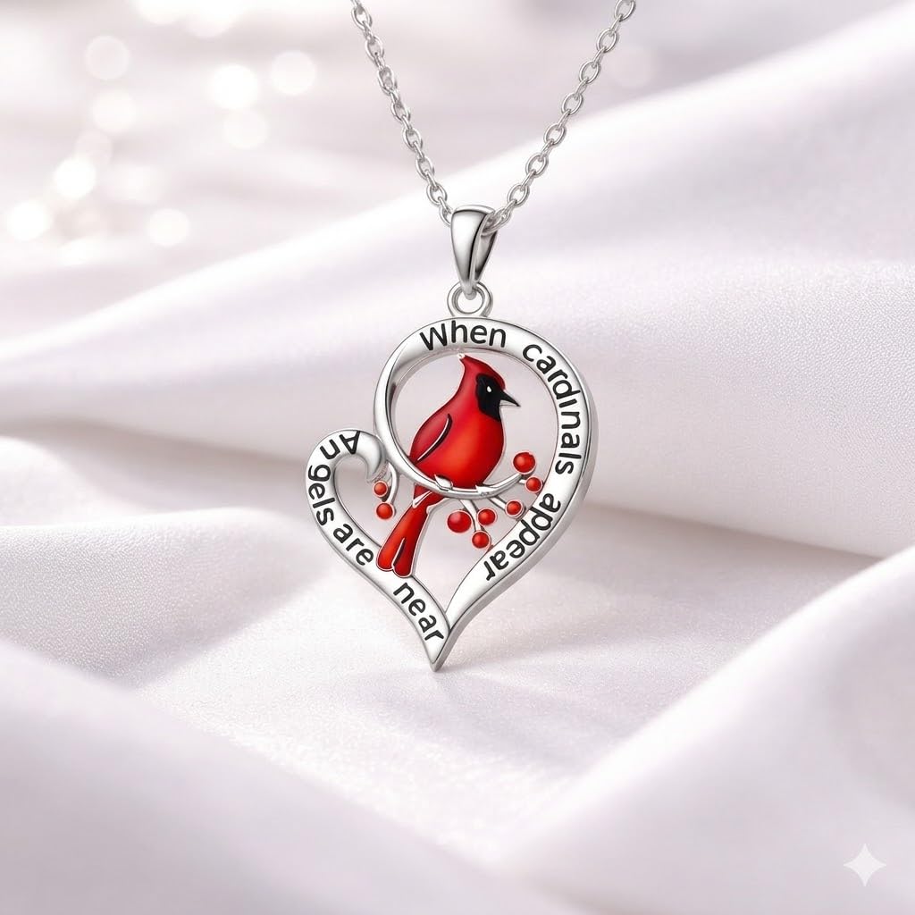 SUPAC Red Cardinal Necklace, Silver-Plated 'I Am Always with You' Inspirational Message, Adjustable - Christmas, Party, or Birthday Gift