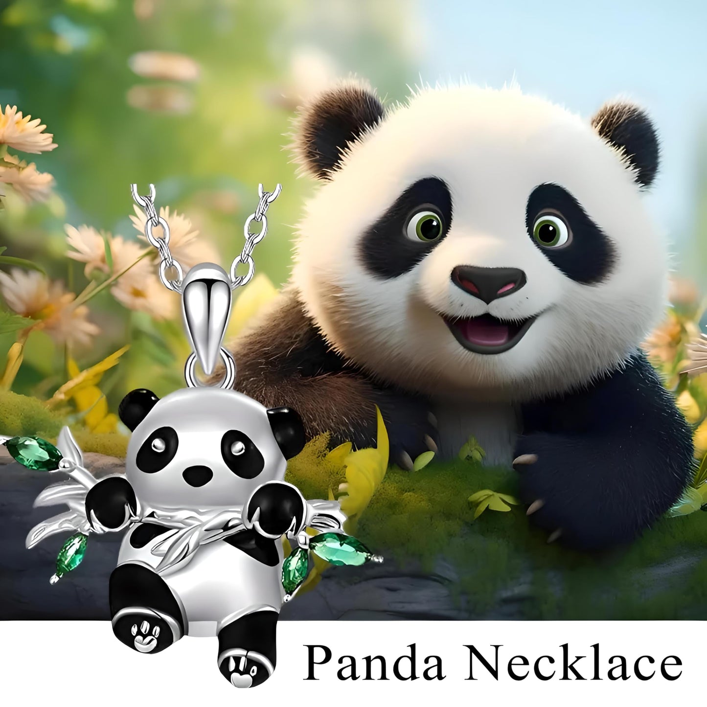 Sterling Silver Panda Pendant Necklace with Green Crystal Bamboo Leaves, 0.86 x 0.69 inches