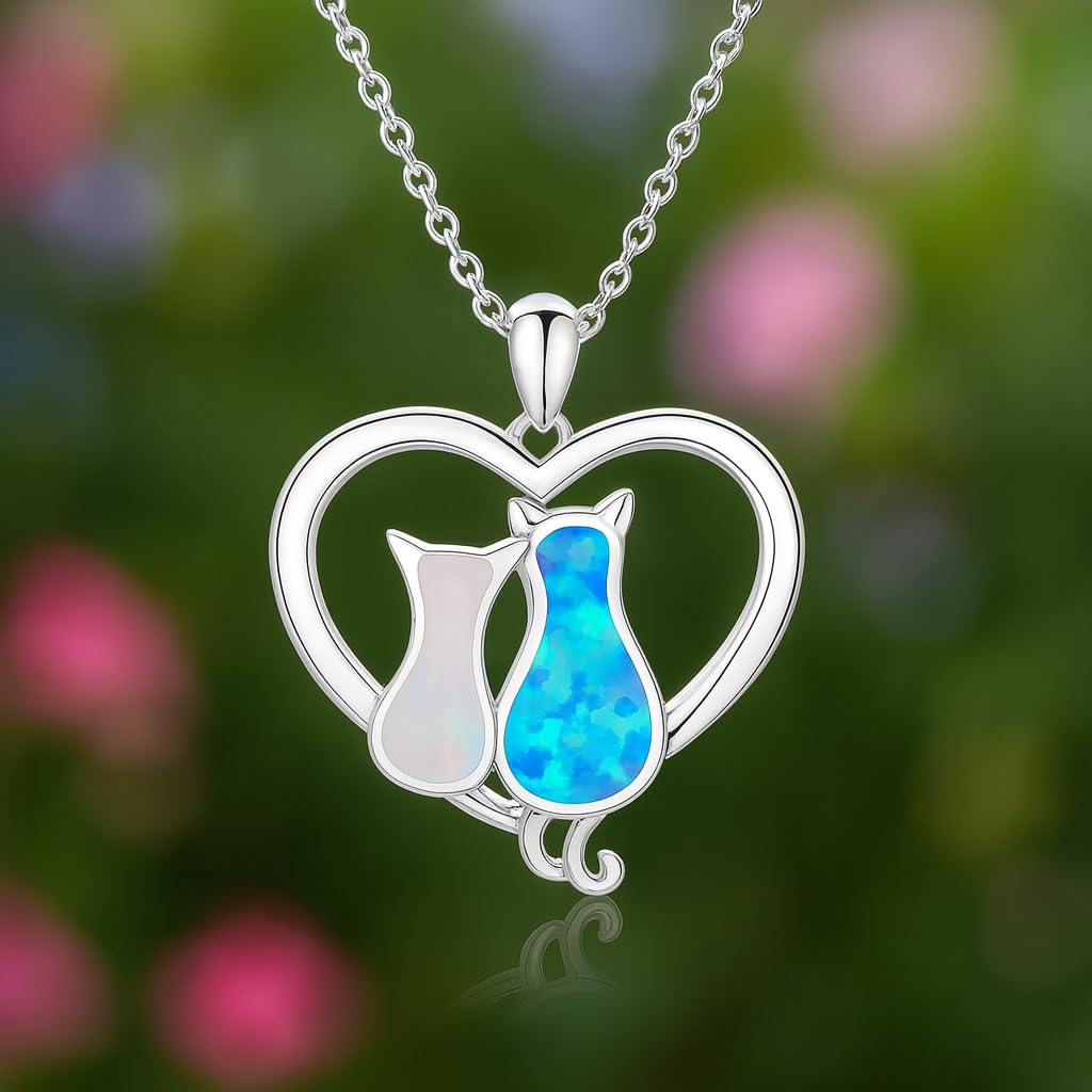 Cute Silver and Blue Turquoise Cat Heart Necklace - Stainless Steel Cat Design, Multi-Color Crystal (2 Cats)