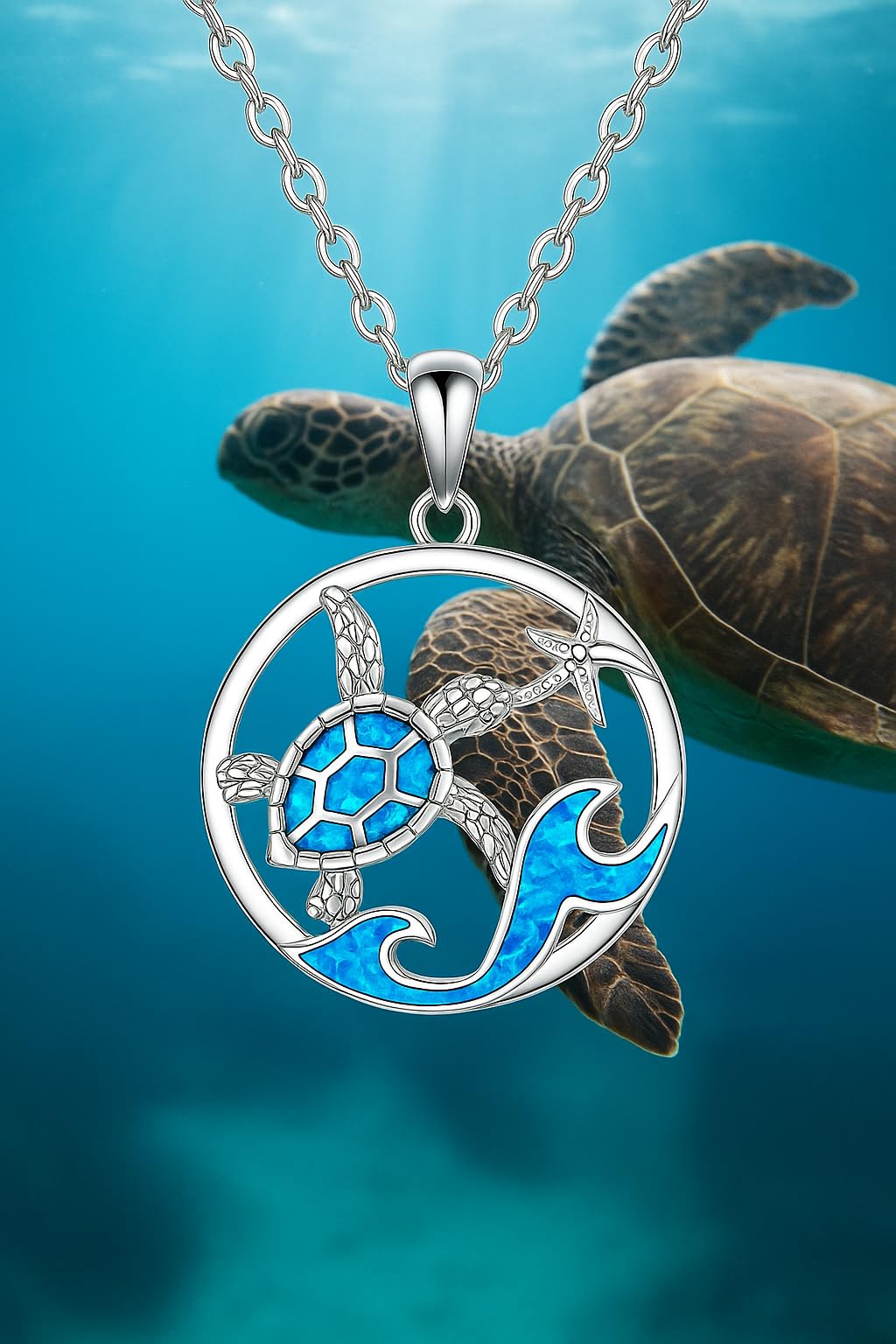 SUPAC Sea Turtle Necklace with Blue Opal, Ocean Wave Design, 0.71 inch Pendant