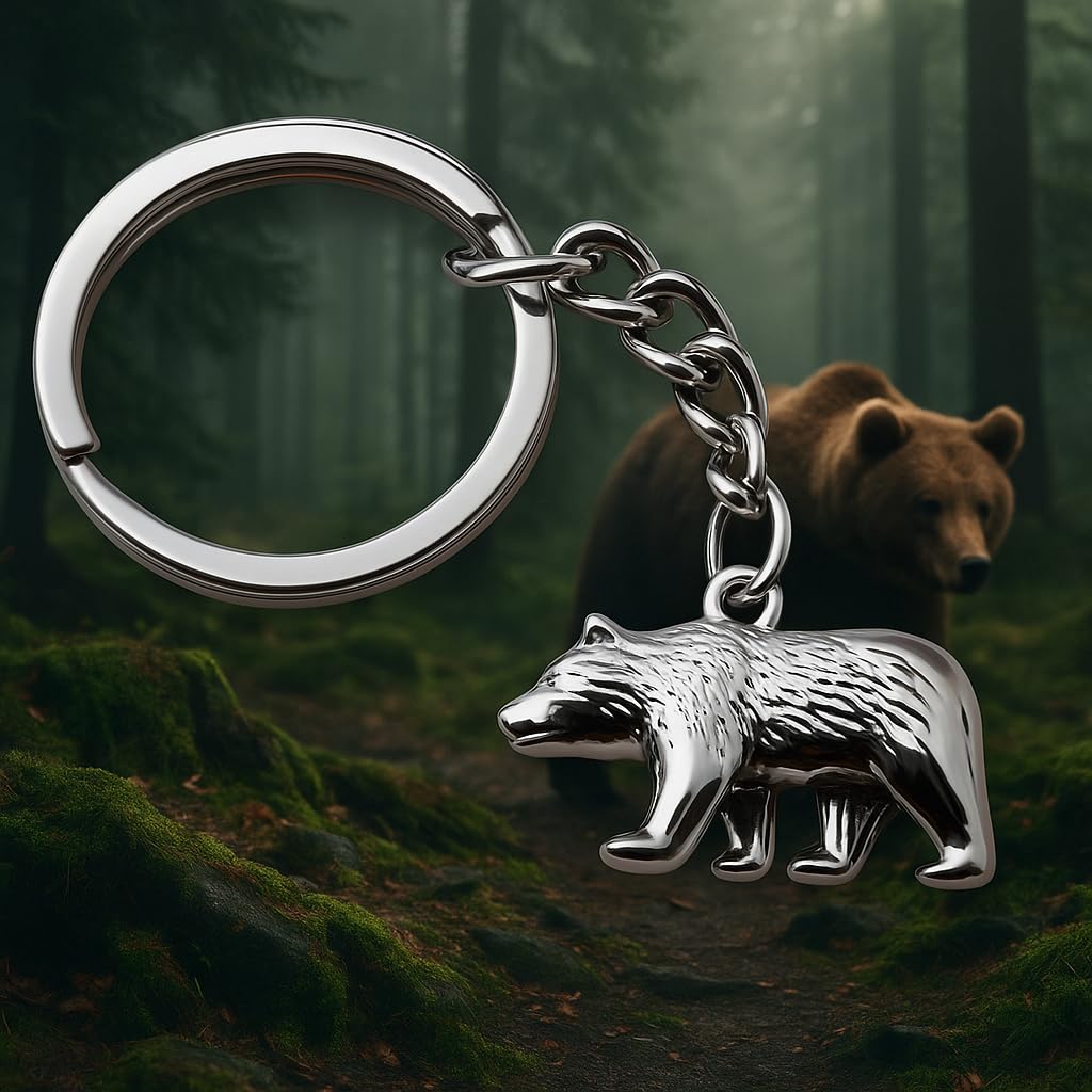 SUPAC 1pc Unique Bear With Forest Background Shaped Metal Keychain - Fashionable Circular Animal Keyring for Men and Friends