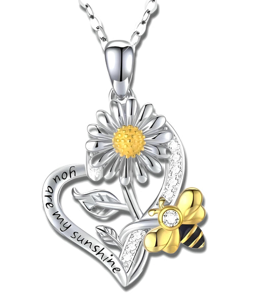 SUPAC You Are My Sunshine Sunflower and Bumble Bee Heart Pendant Necklace for Women, Dainty Jewelry, Birthday or Christmas Gift