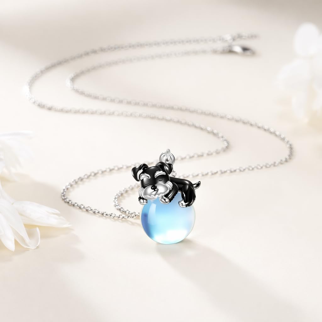 SUPAC Cute Schnauzer Dog Jewelry Set with Moonstone, Black and Blue Crystal Pendant Necklace and Dangle Earrings, 2.5 inch Length