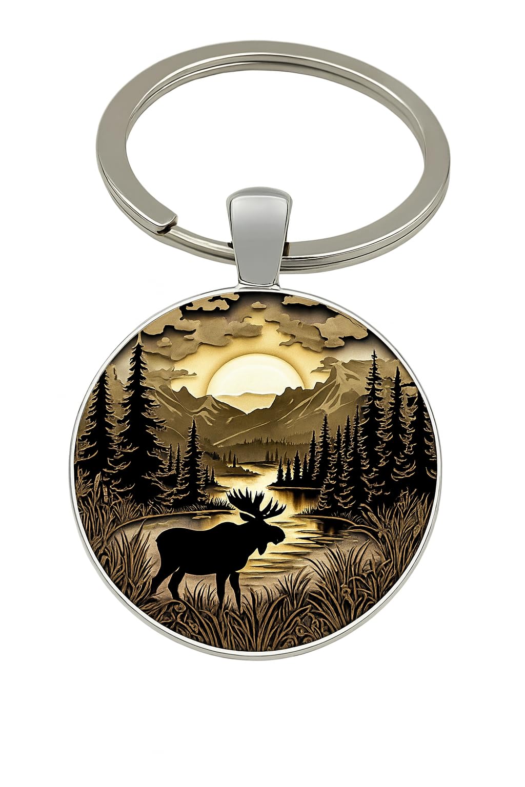 SUPAC Mountain Sunset Stained Glass Art Keychain, Nature Scene Design, Round Pendant (Moose and Sunrise)