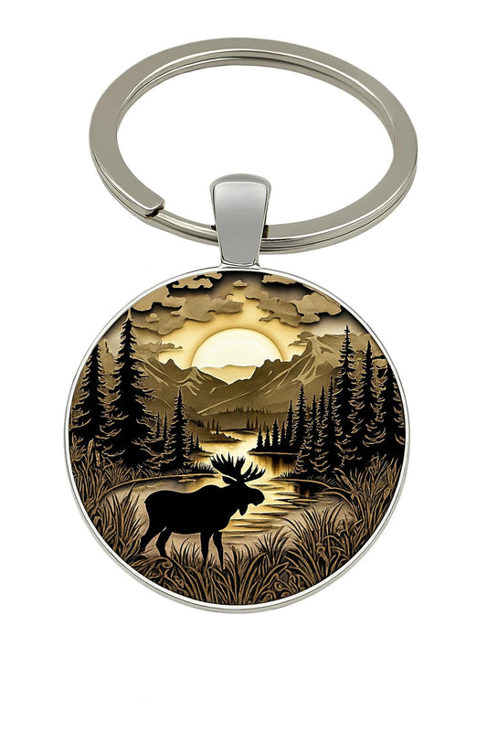 SUPAC Mountain Sunset Stained Glass Art Keychain, Nature Scene Design, Round Pendant (Moose and Sunrise)