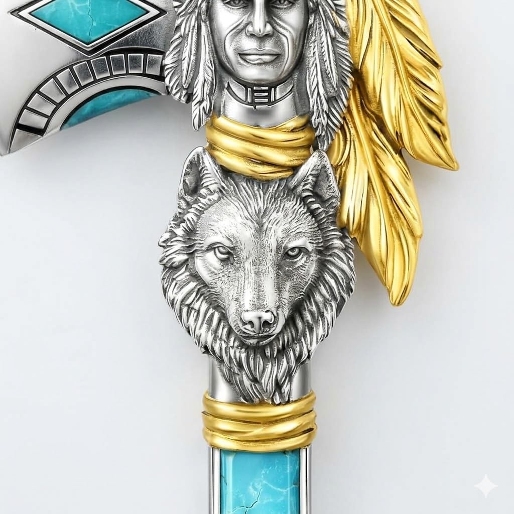 Indian Axe Pendant Necklace, Native American Wolf Design, Stainless Steel Chain
