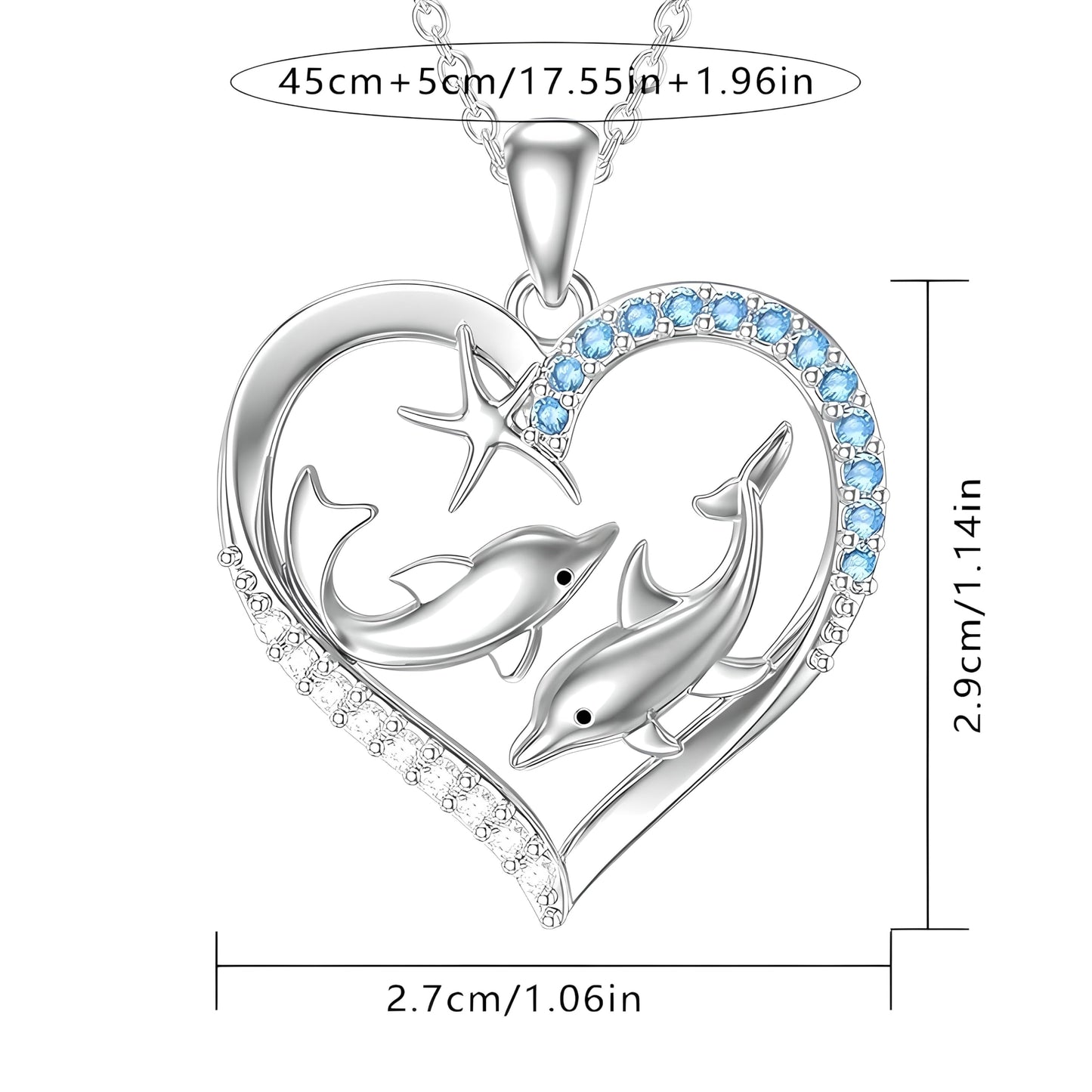 Sterling Silver Double Dolphin Pendant Necklace with Blue Crystal Hearts, Ocean Theme Jewelry