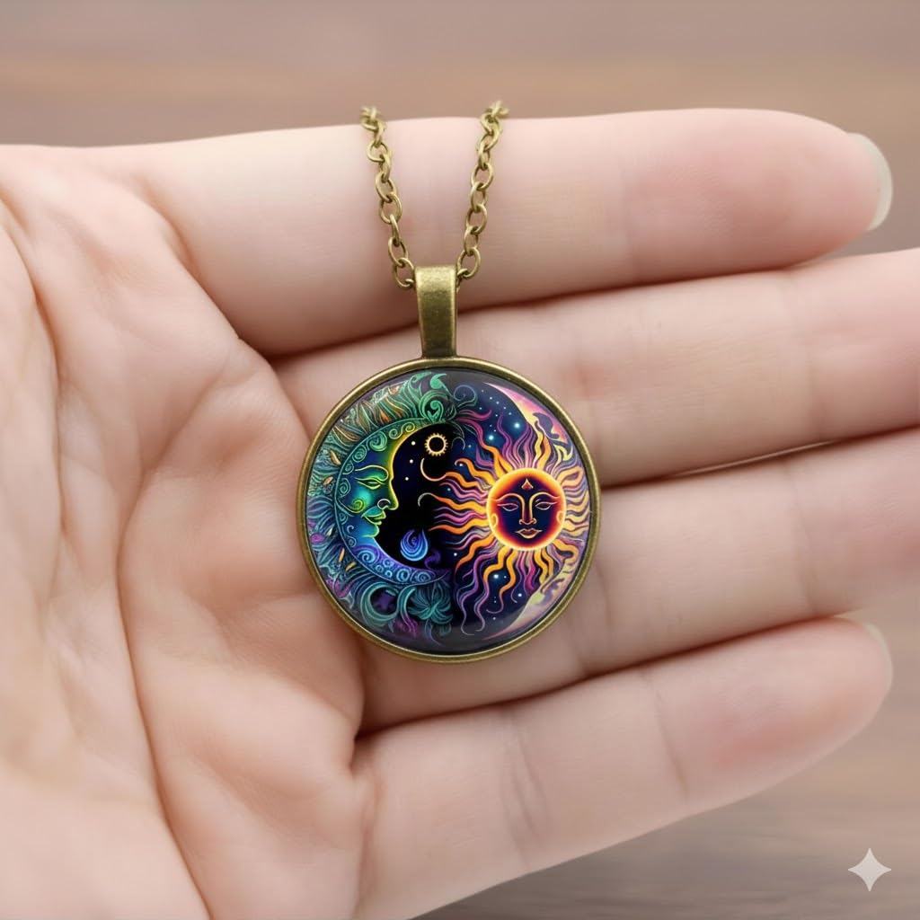 Celestial Sun and Moon Pendant Necklace, 17.7 inch Chain, Colorful Mystical Design (Bronze Chain)