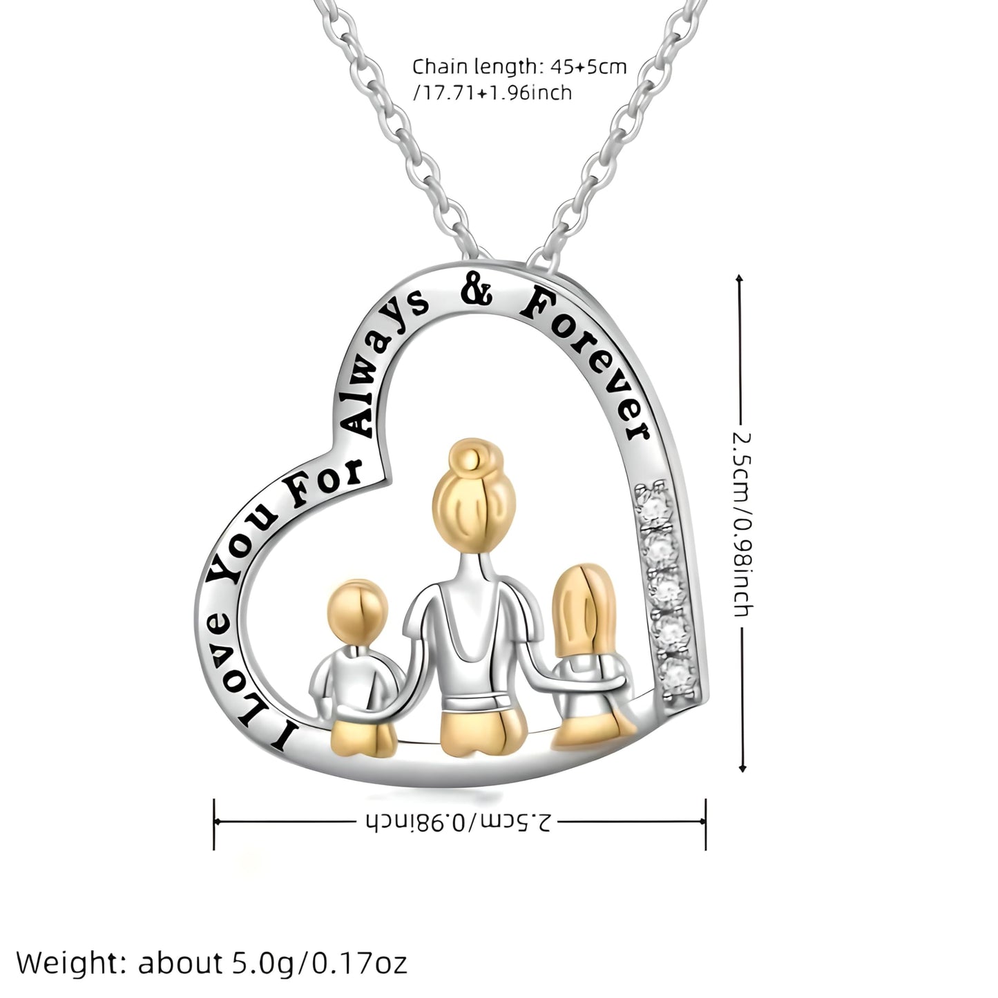 Heart-Shaped Mother's Day Necklace, Family + Mother Necklace Options with Crystal Accents, Mother and Daughter Pendant Gift, Silver and Gold-Tone, 'I Love You Always & Forever' Message