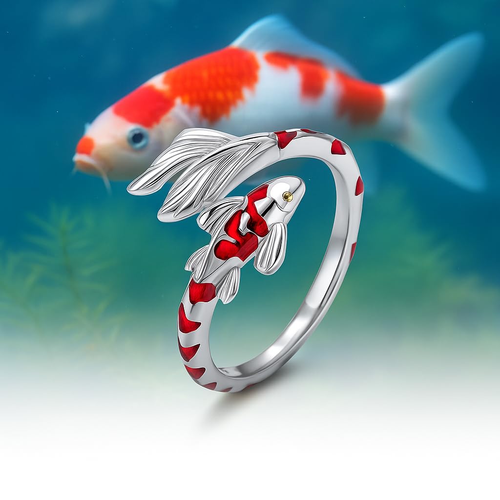 Stainless Steel Koi Fish Ring and Earrings Set with Red Enamel, Japanese Style - Koi Fish Jewelry Gift