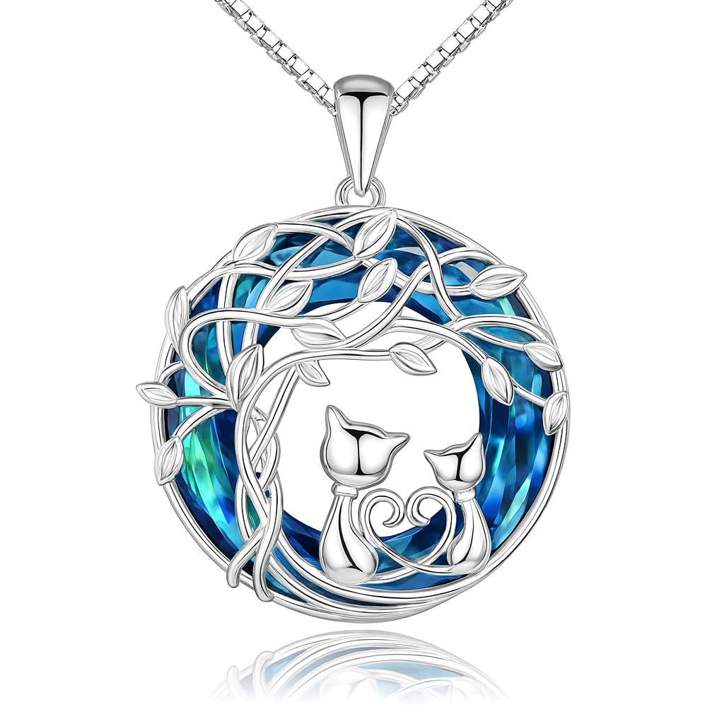 SUPAC Celtic Tree of Life Cat Pendant Necklace, Blue Crystal, 1.21 x 0.94 inches - Cat Lovers' Gift, Jewelry for Women