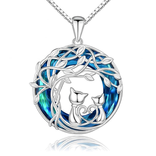 SUPAC Celtic Tree of Life Cat Pendant Necklace, Blue Crystal, 1.21 x 0.94 inches - Cat Lovers' Gift, Jewelry for Women