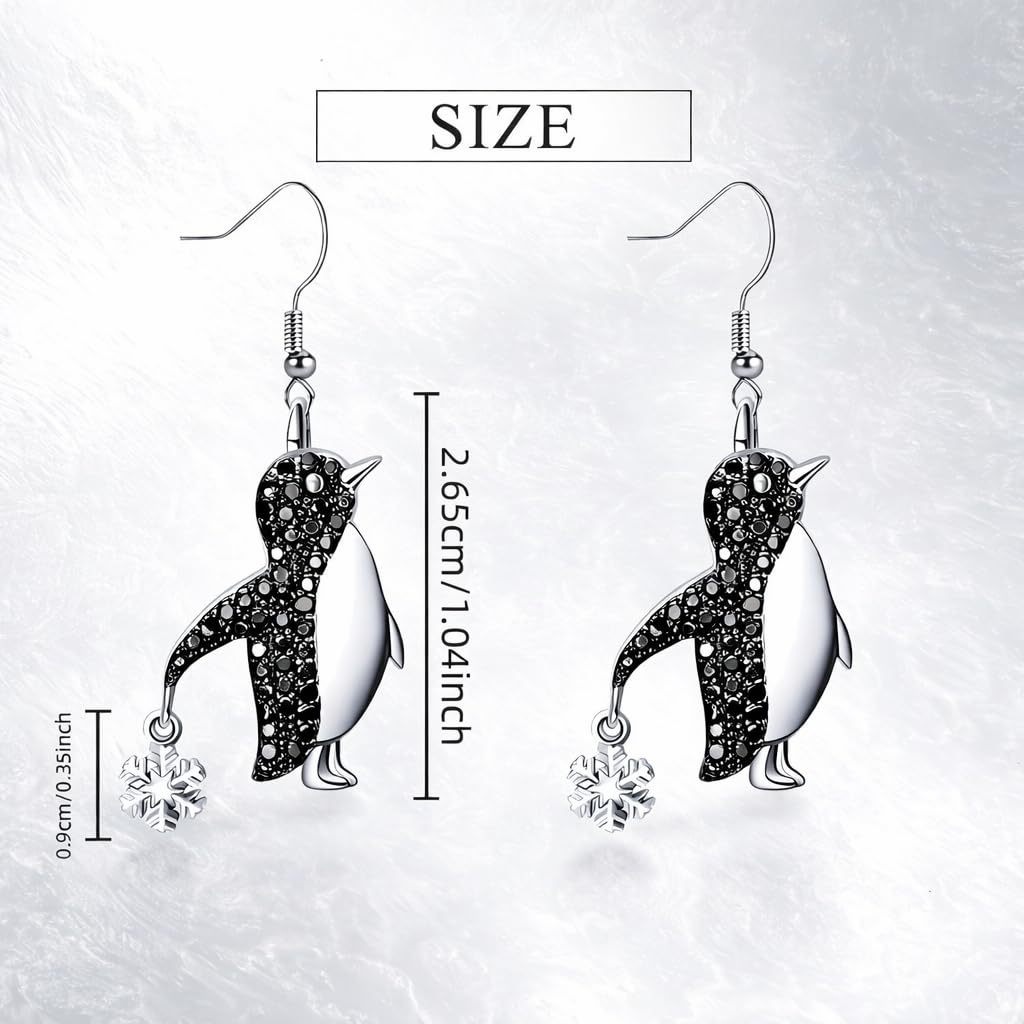 SUPAC Crystal Penguin Jewelry Set, Silver Necklace and Earrings with Snowflake Charm, Black - Gift for Penguin Lovers