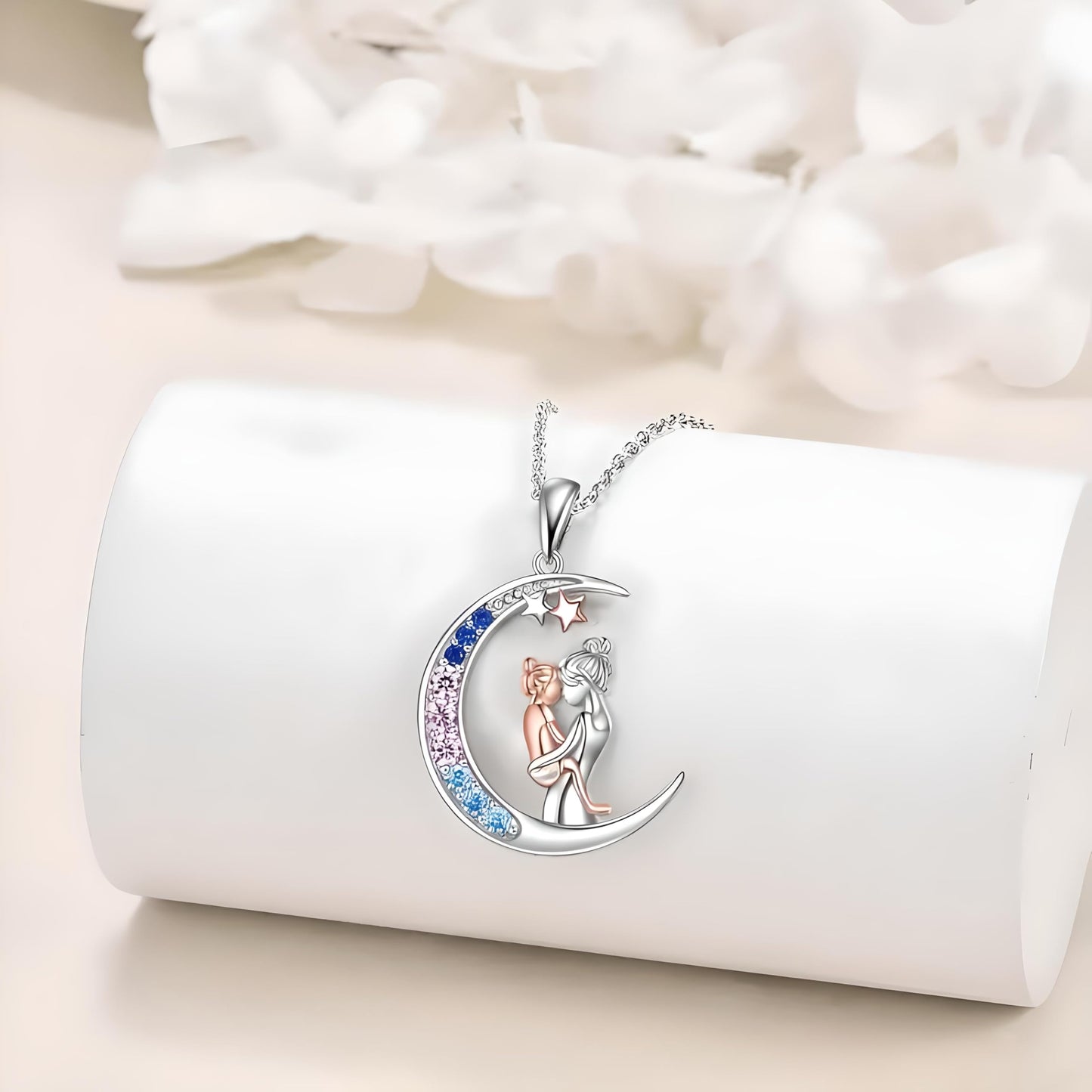 SUPAC Heart-Shaped Mother's Day Necklace, Family + Mother Necklace Options with Crystal Accents, Mother and Daughter Pendant Gift, Silver and Gold-Tone, 'I Love You Always & Forever' Message (Moon)